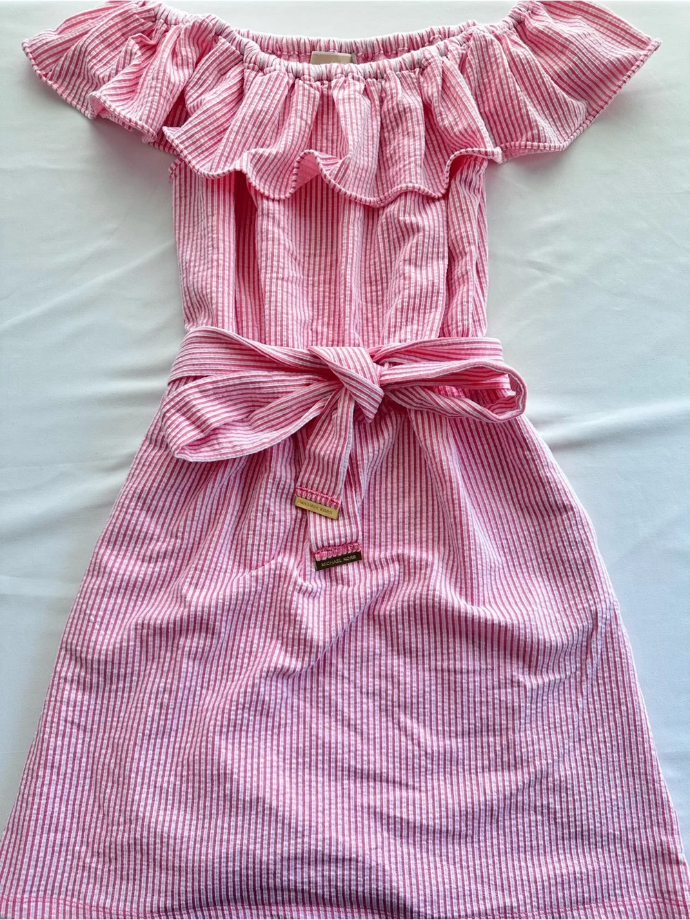 Michael Kors Coral Striped Off-Shoulder Ruffle Dress